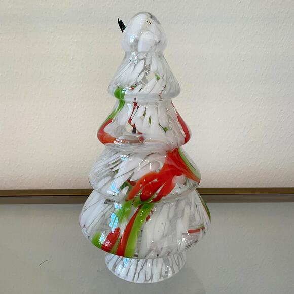 Art Glass CHRISTMAS TREE 10in Red Green White Marble Handmade in Poland NEW - Picture 2 of 14